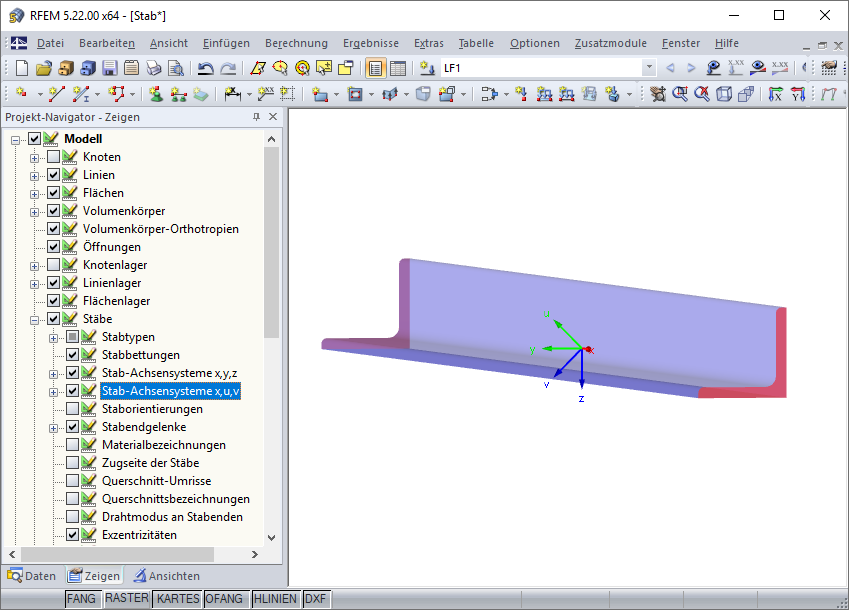 显示杆件坐标系x，u，v